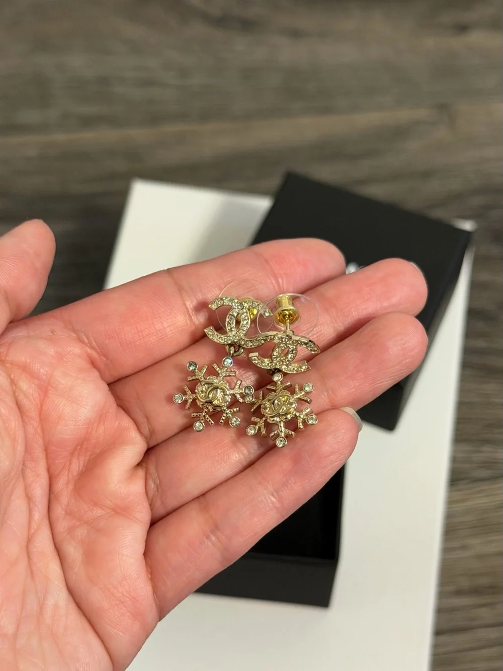 Chanel Gold Crystal CC Snowflake Drop Earrings